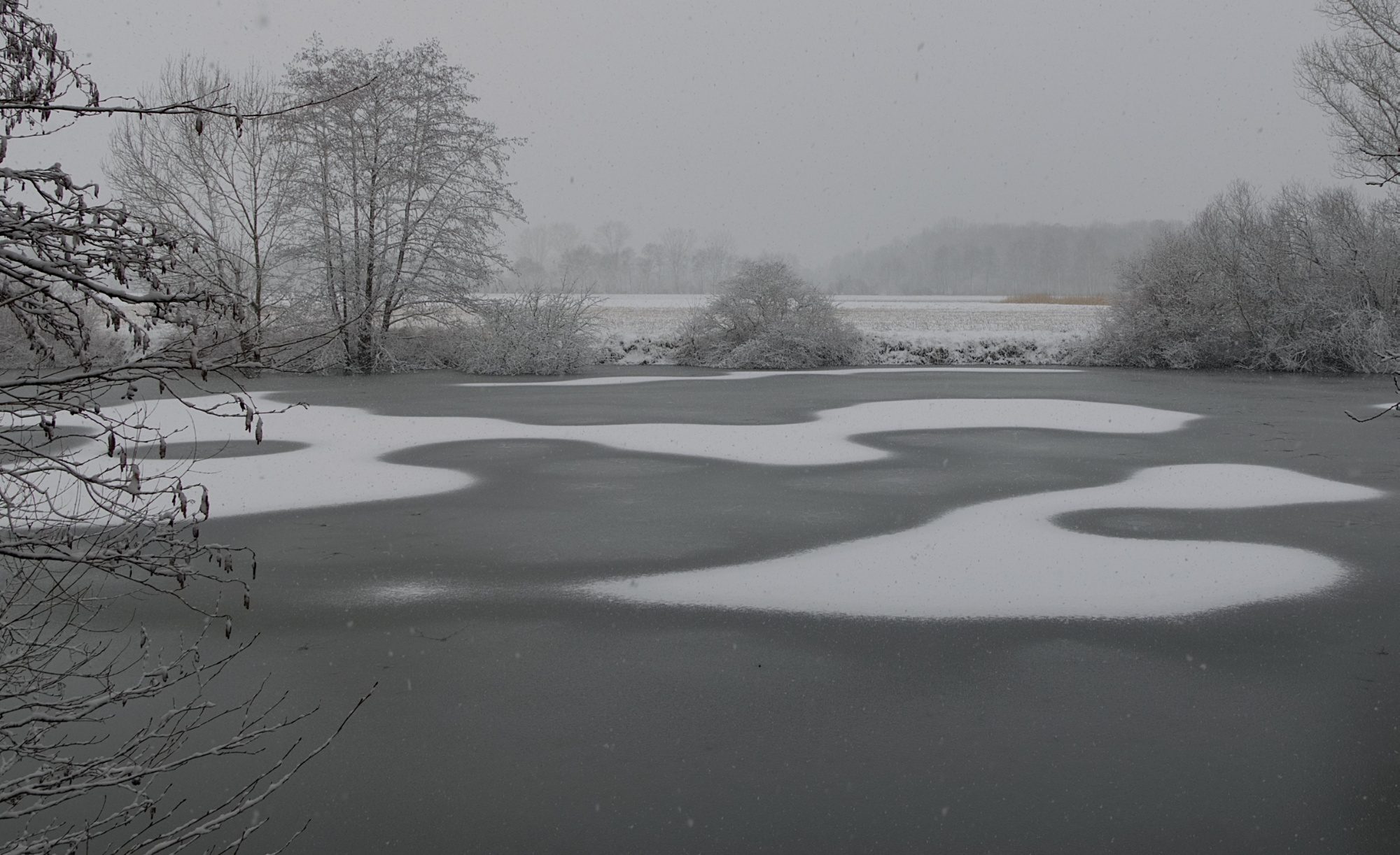Schneeornamente auf dem zugefrorenen Fischweiher