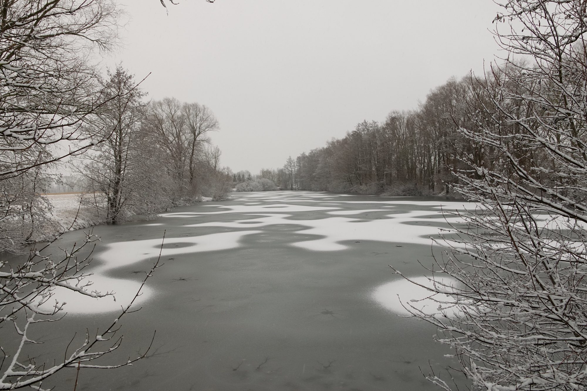 Schneeornamente auf dem zugefrorenen Fischweiher
